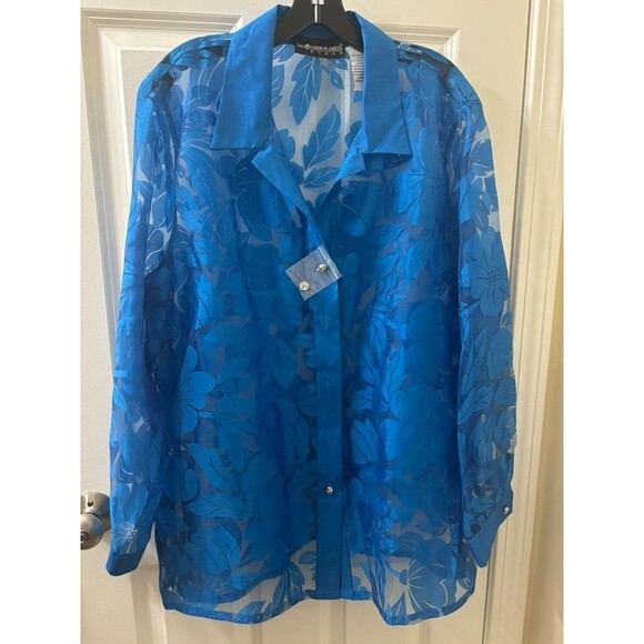 sag harbor dress women Sheer Floral Burnout Blouse Button-Up long sleeve blue 20 - Picture 1 of 8